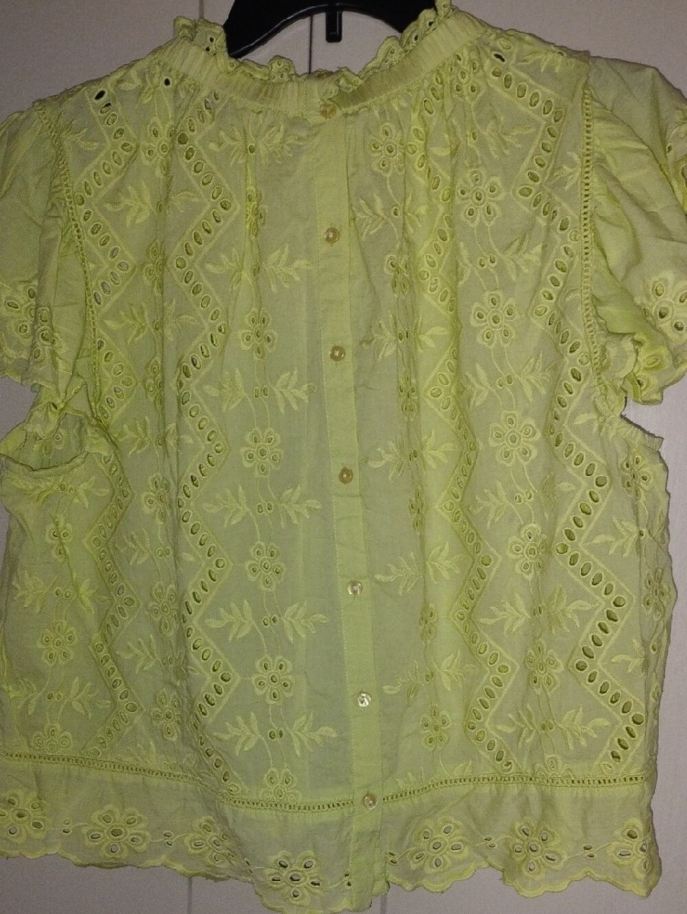 Lemon Eyelet Ruffle Sleeve Blouse - Lightweight Summer Top - Picture 6 of 8